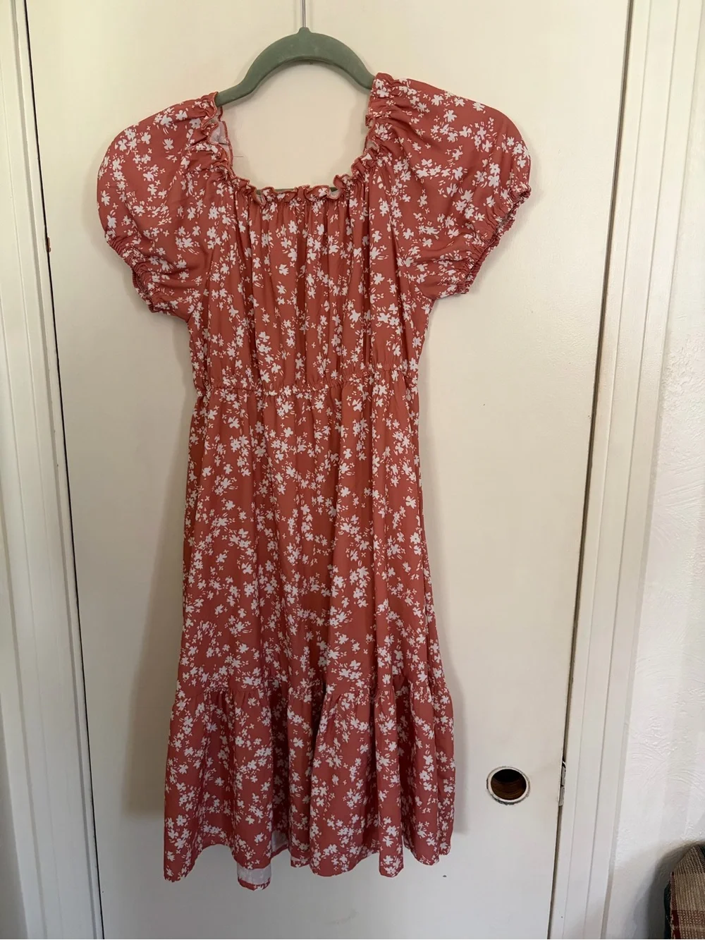 Girls Rust Floral Puff-Sleeve Casual Dress
